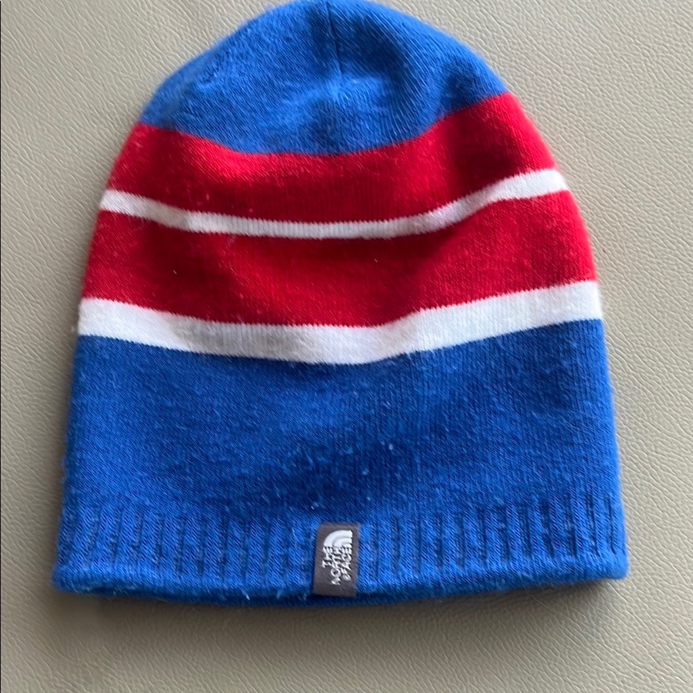The North Face Blue, Red & White Striped Knit Beanie